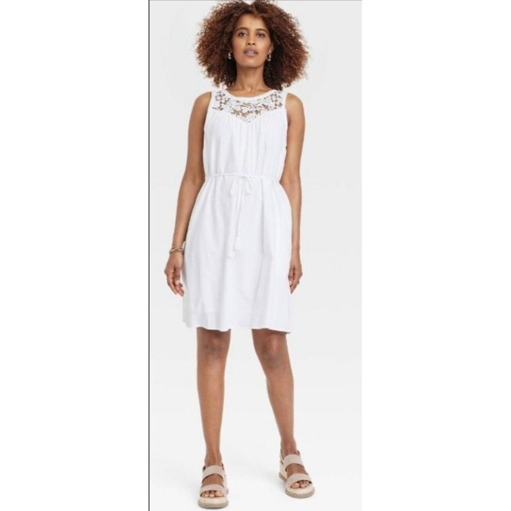 Knox Rose Fresh White Sleeveless Above-Knee Crochet Dress W Pockets XS NWT
